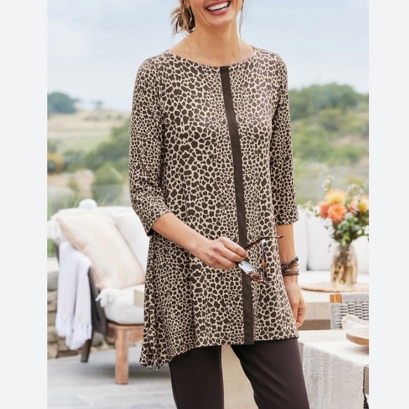 Soft Surroundings Women's Brown Animal Printed Tunic Top Stretchy Flowy Size 1X - Picture 1 of 8
